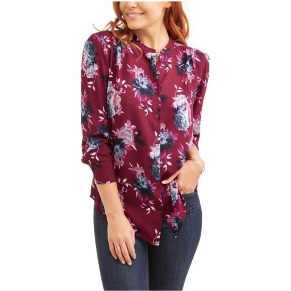 Burgundy long sleeve button down floral blouse size XL - Picture 2 of 6